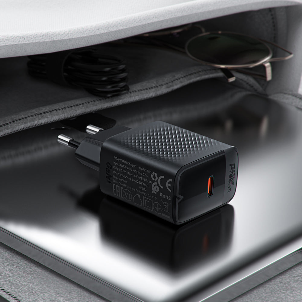 Hálózati töltő USB-C kábellel Acefast A82, 20W, 3A, 1 x USB-C, Fekete