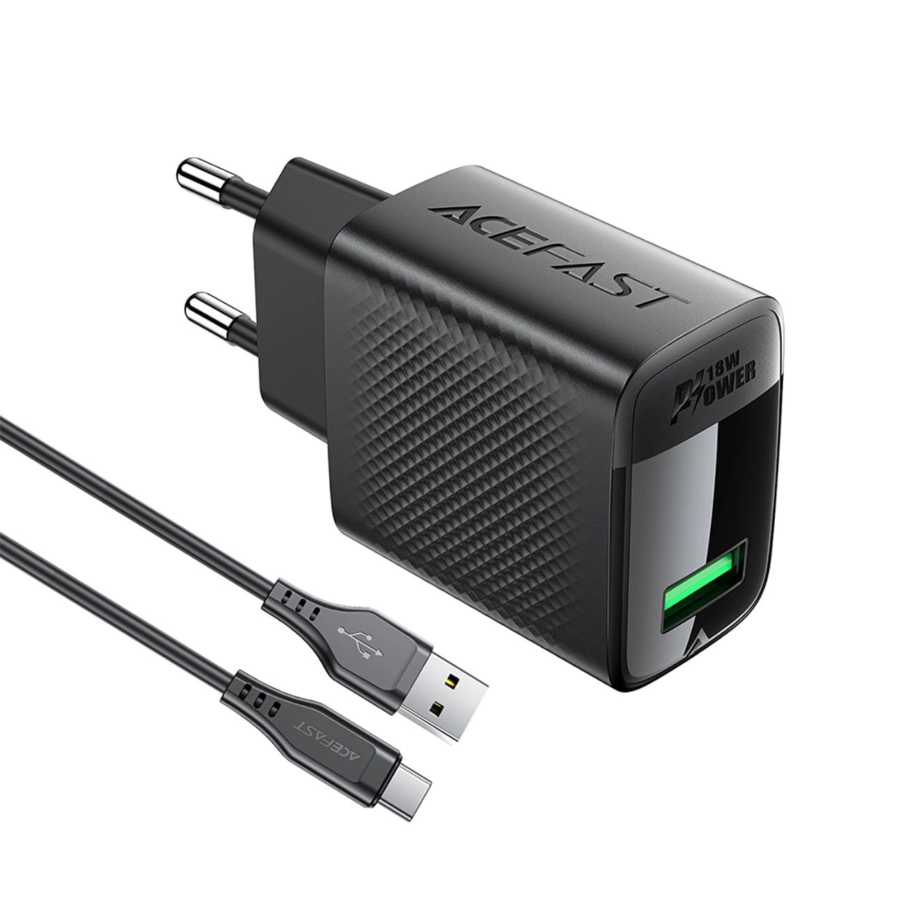 Hálózati töltő USB-C kábellel Acefast A90, 18W, 3A, 1 x USB-A, Fekete