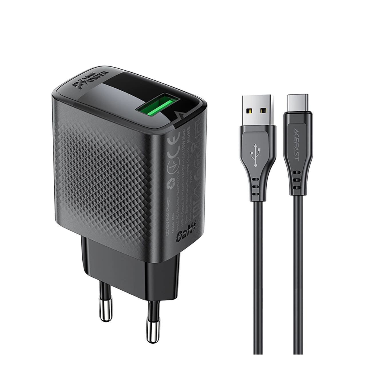 Hálózati töltő USB-C kábellel Acefast A90, 18W, 3A, 1 x USB-A, Fekete
