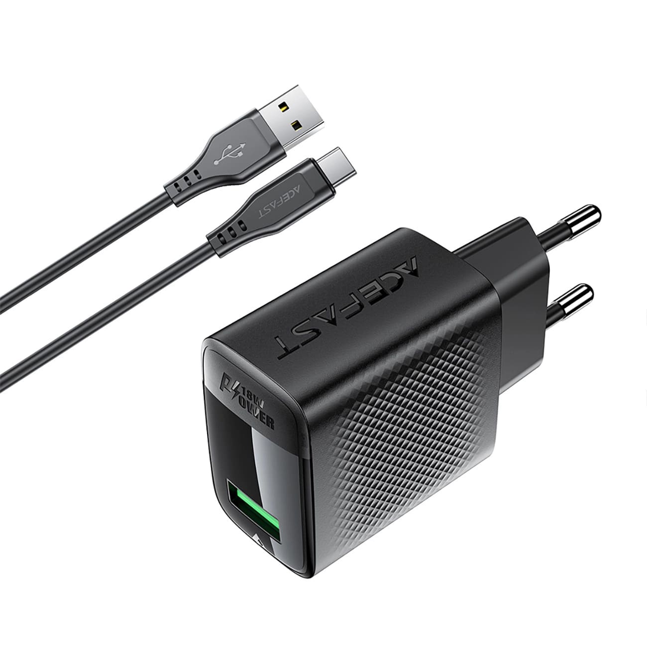 Hálózati töltő USB-C kábellel Acefast A90, 18W, 3A, 1 x USB-A, Fekete