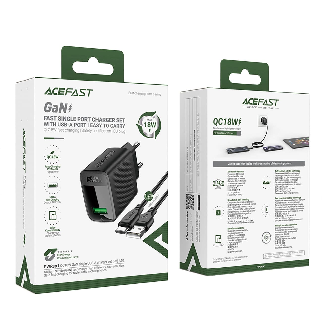 Hálózati töltő USB-C kábellel Acefast A90, 18W, 3A, 1 x USB-A, Fekete