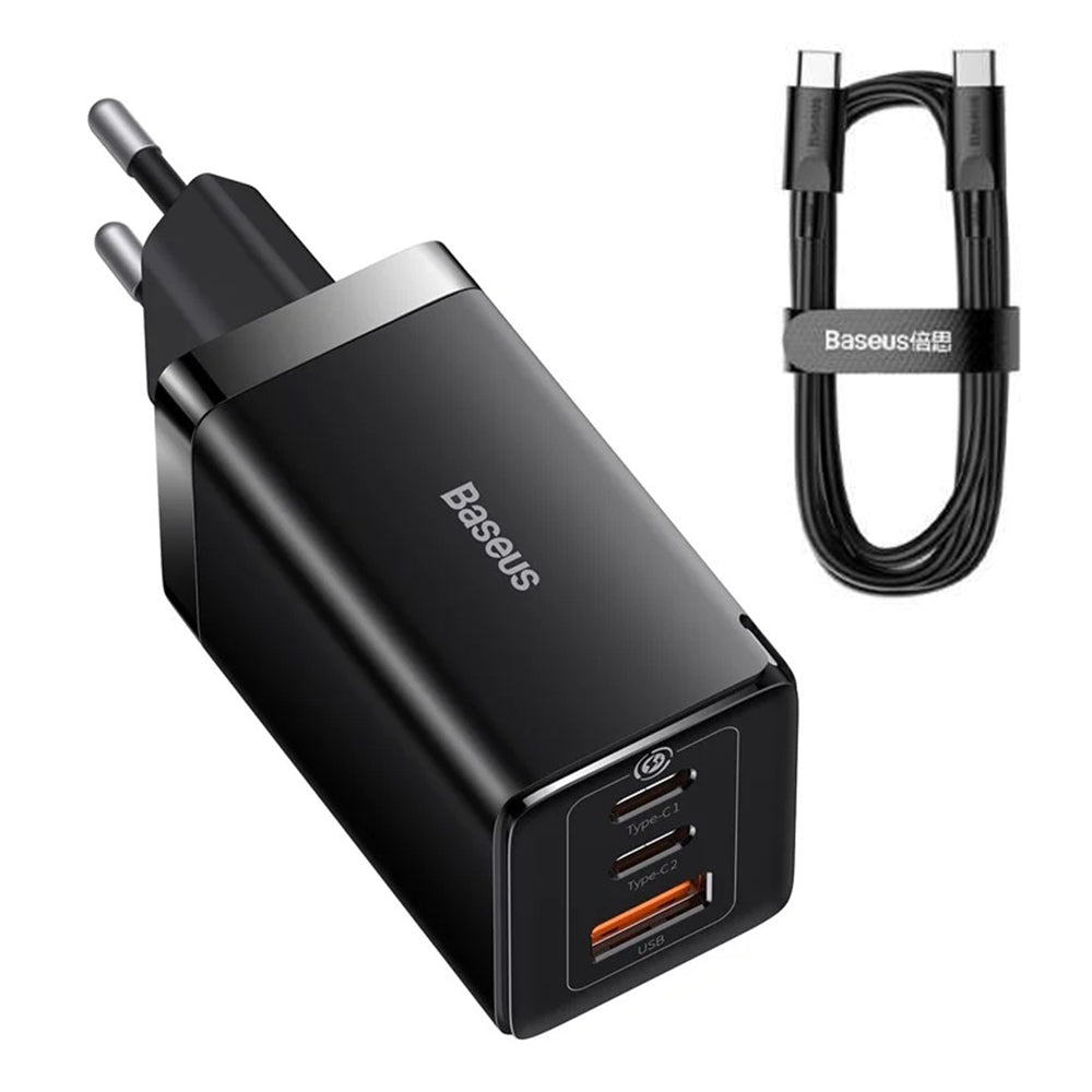 Hálózati töltő USB-C kábellel Baseus GaN5 Pro, 65W, 3.25A, 1 x USB-A - 2 x USB-C, Fekete C0206500
