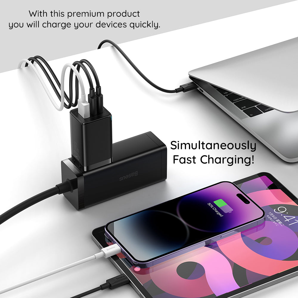 Hálózati töltő USB-C kábellel Baseus GaN5 Pro, 65W, 3.25A, 1 x USB-A - 2 x USB-C, Fekete C0206500