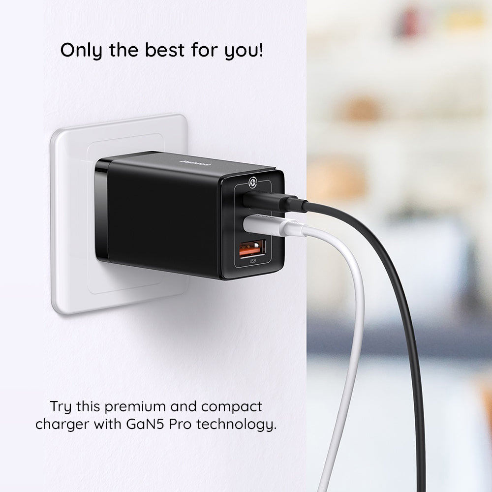 Hálózati töltő USB-C kábellel Baseus GaN5 Pro, 65W, 3.25A, 1 x USB-A - 2 x USB-C, Fekete C0206500