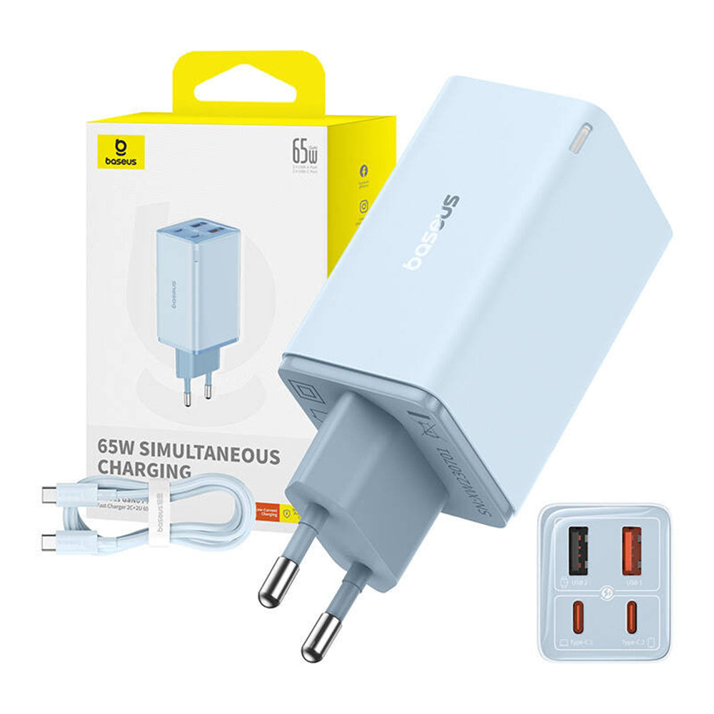 Hálózati töltő USB-C kábellel Baseus GaN6 Pro, 65W, 3.25A, 2 x USB-A - 2 x USB-C, Kék E0121D00