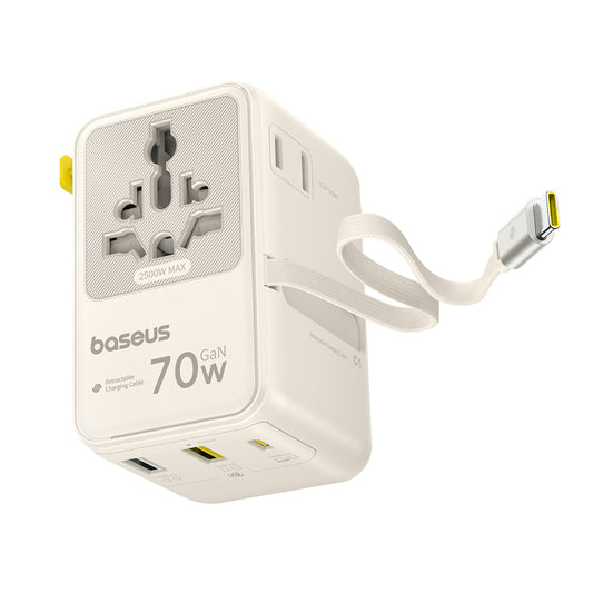 Baseus Travel EnerCore CG11 USB-C kábeles hálózati töltő, 70W, 2 x aljzat - 1 x USB-C - 2 x USB-A, fehér E0307E01