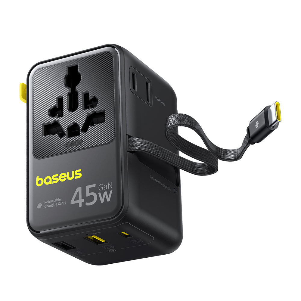 Baseus Travel PicoGo AG11 USB-C kábeles hálózati töltő, 45W, 2 x aljzat - 1 x USB-C - 2 x USB-A, fekete E0307F00
