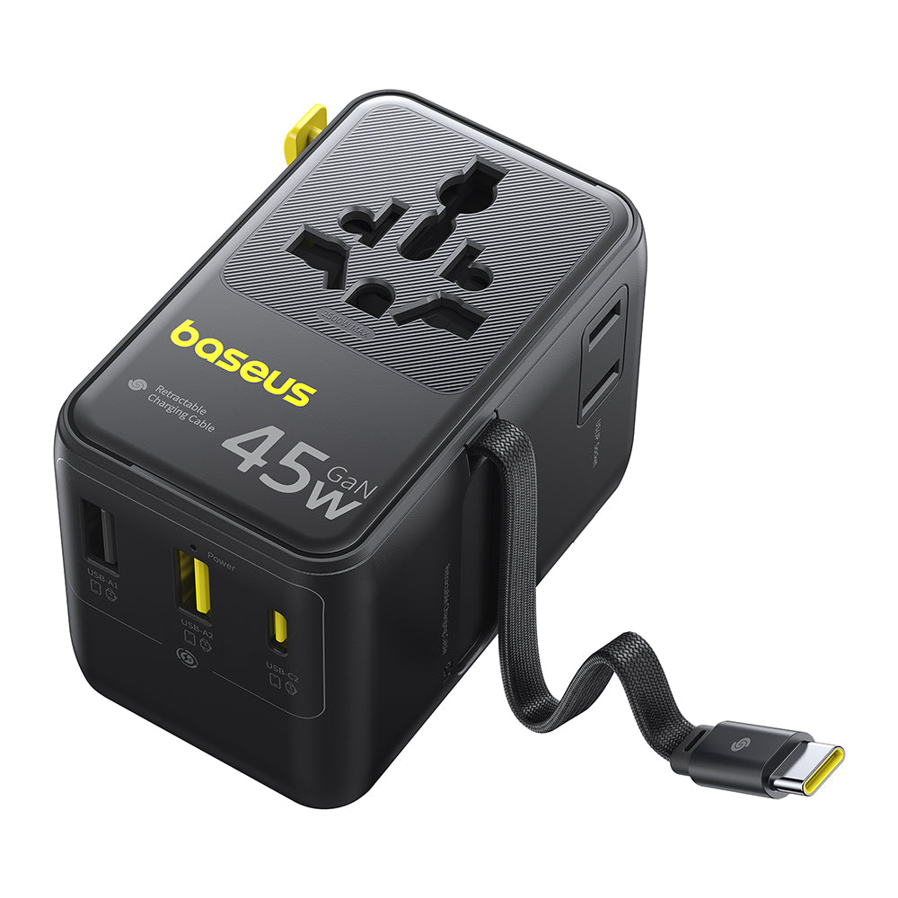 Baseus Travel PicoGo AG11 USB-C kábeles hálózati töltő, 45W, 2 x aljzat - 1 x USB-C - 2 x USB-A, fekete E0307F00