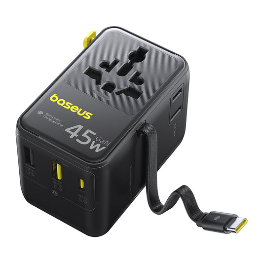 Baseus Travel PicoGo AG11 USB-C kábeles hálózati töltő, 45W, 2 x aljzat - 1 x USB-C - 2 x USB-A, fekete E0307F00