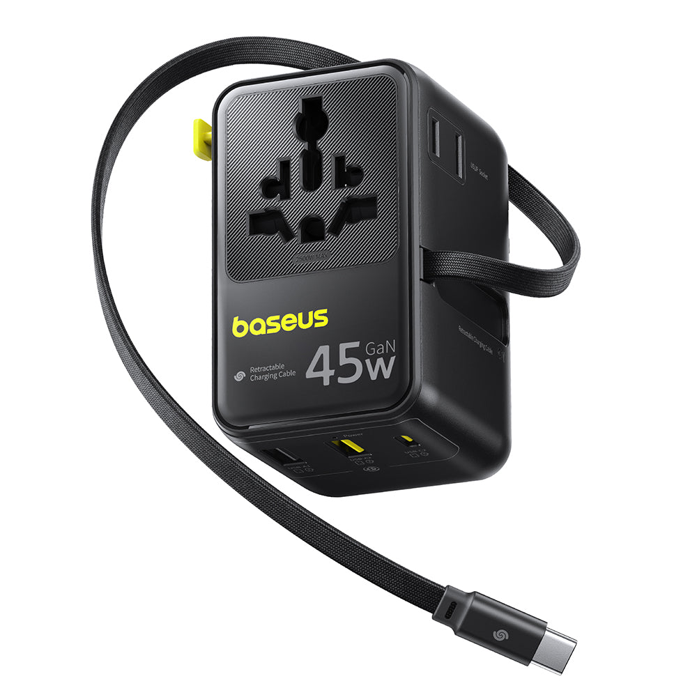 Baseus Travel PicoGo AG11 USB-C kábeles hálózati töltő, 45W, 2 x aljzat - 1 x USB-C - 2 x USB-A, fekete E0307F00