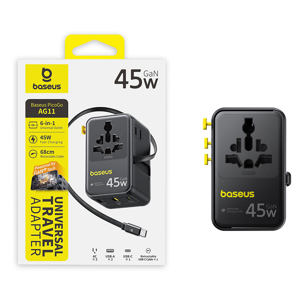 Baseus Travel PicoGo AG11 USB-C kábeles hálózati töltő, 45W, 2 x aljzat - 1 x USB-C - 2 x USB-A, fekete E0307F00