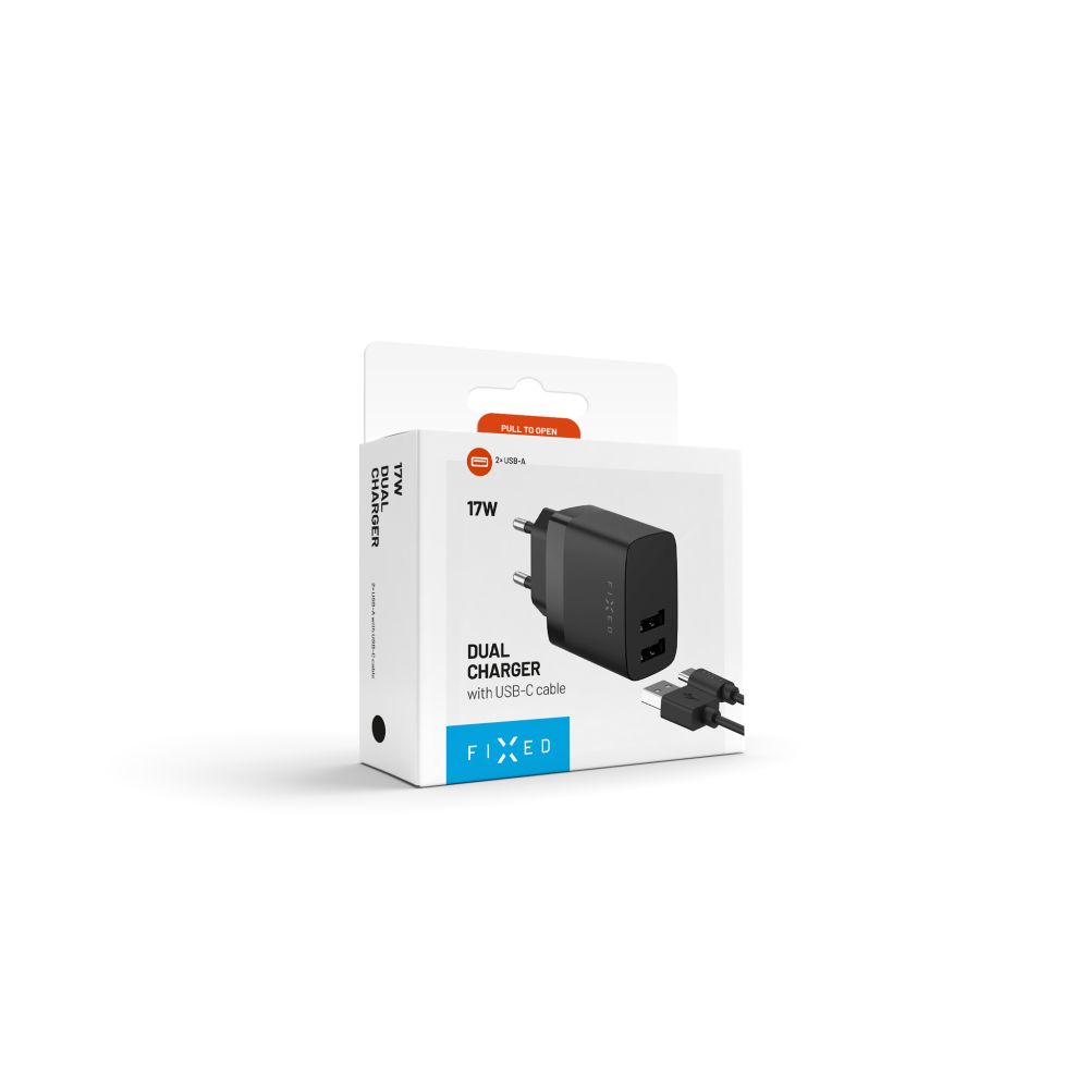 Fixed USB-C hálózati töltő, 17W, 3A, 2 x USB-A, fekete
