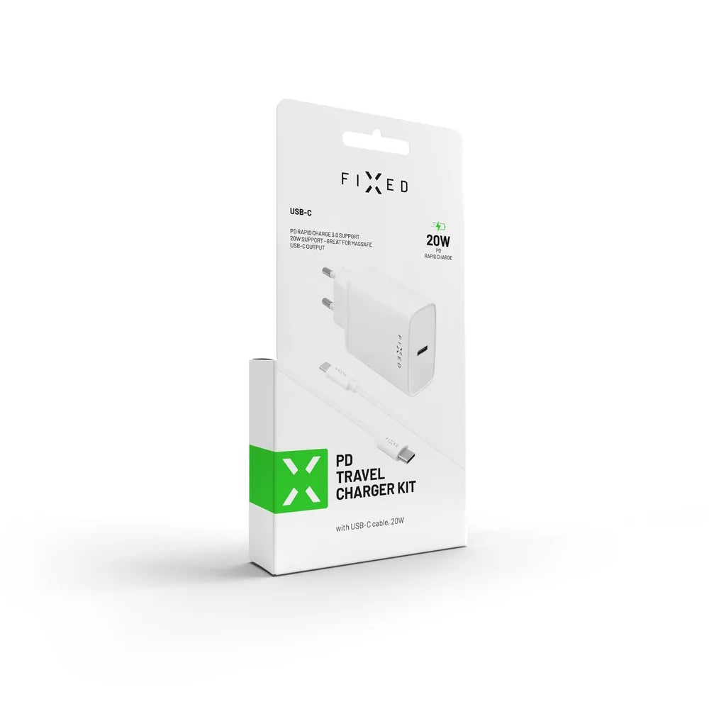 Hálózati töltő USB-C kábellel Fixed, 20W, 3A, 1 x USB-C, Fehér
