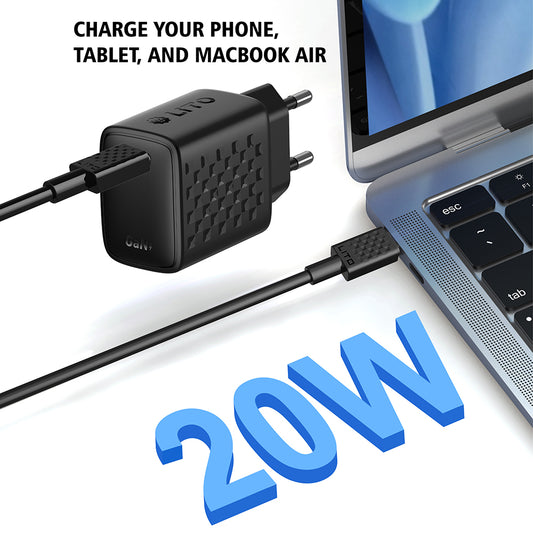 Hálózati töltő USB-C kábellel Lito LC13T, 20W, 3A, 1 x USB-C, Fekete
