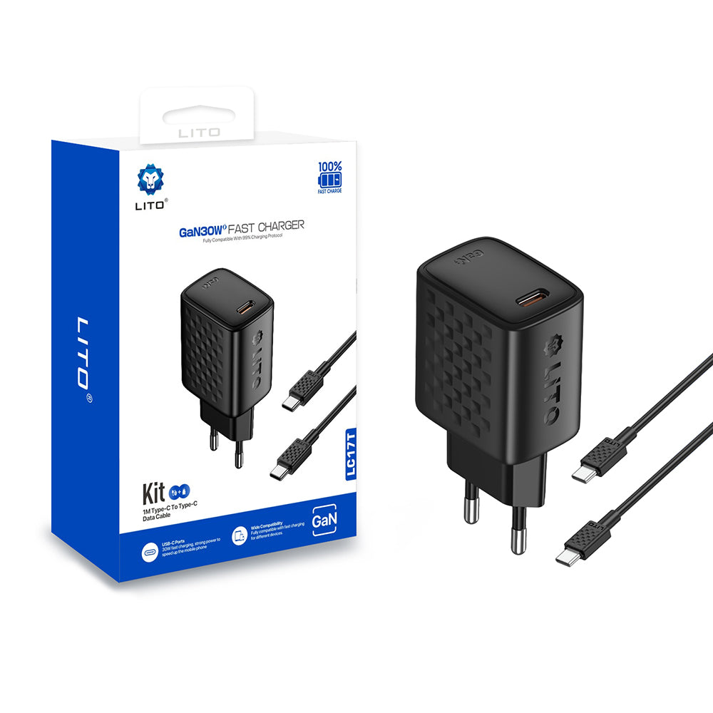 Hálózati töltő USB-C kábellel Lito LC17T, 30W, 3A, 1 x USB-C, Fekete