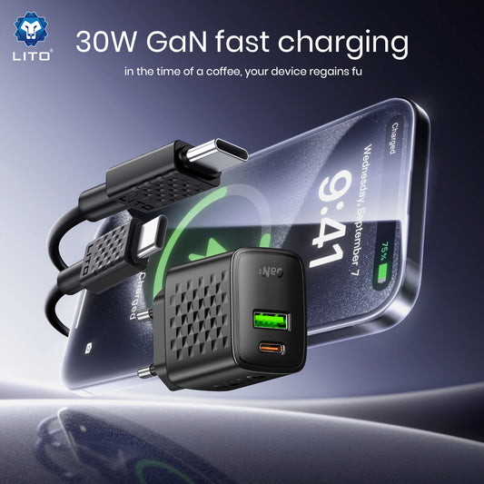 Hálózati töltő USB-C kábellel Lito LC19T, 30W, 3A, 1 x USB-A - 1 x USB-C, Fekete