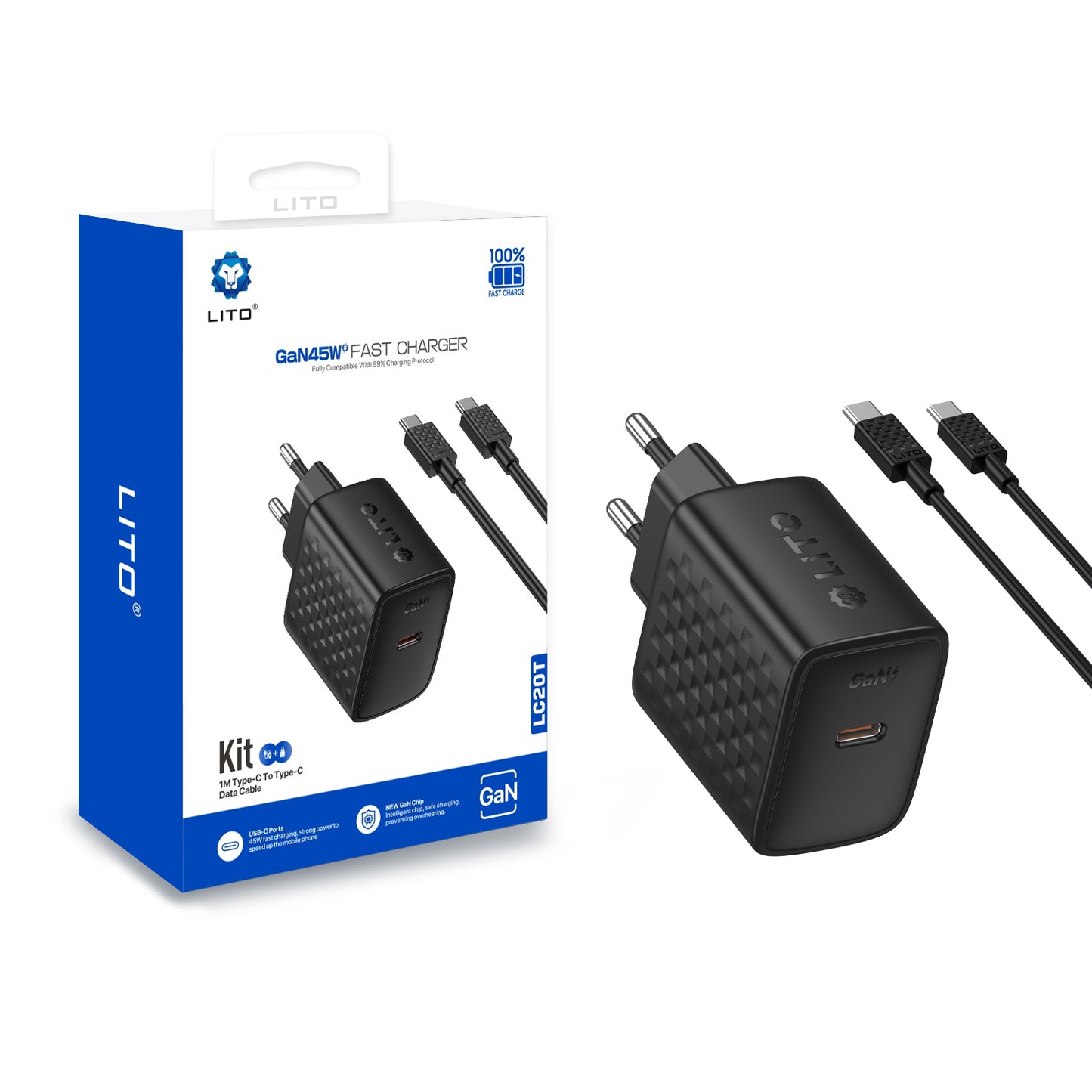 Hálózati töltő USB-C kábellel Lito LC20T, 45W, 3A, 1 x USB-C, Fekete