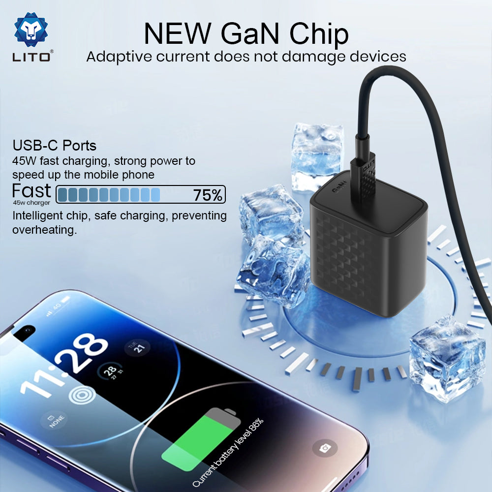 Hálózati töltő USB-C kábellel Lito LC20T, 45W, 3A, 1 x USB-C, Fekete