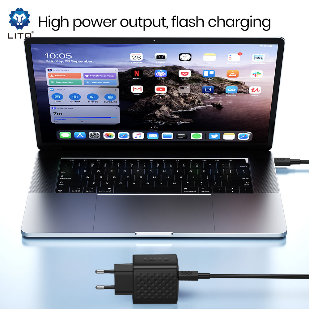 Hálózati töltő USB-C kábellel Lito LC20T, 45W, 3A, 1 x USB-C, Fekete