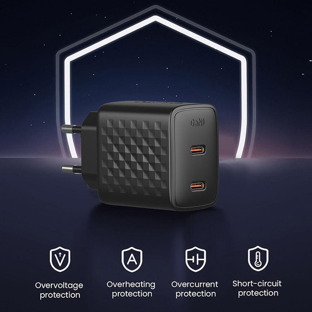 Network Charger with USB-C Cable Lito LC22T, 45W, 3A, 2 x USB-C, Black