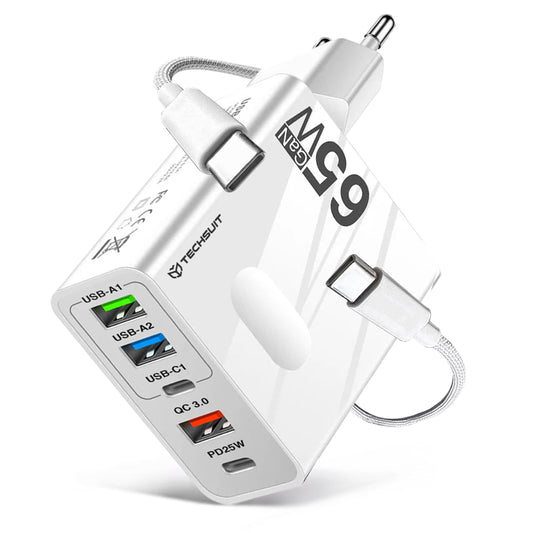 Hálózati töltő USB-C kábellel Techsuit CHC1 PentaXPower, 25W, 3A, 3 x USB-A - 2 x USB-C, Fehér