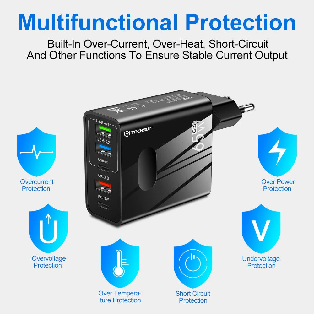 Hálózati töltő USB-C kábellel Techsuit CHC1 PentaXPower, 25W, 3A, 3 x USB-A - 2 x USB-C, Fehér