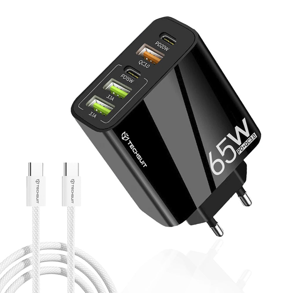 Hálózati töltő USB-C kábellel Techsuit CHC2 PentaXPower, 20W, 3A, 3 x USB-A - 2 x USB-C, Fekete