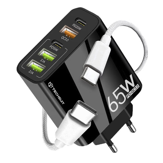 Hálózati töltő USB-C kábellel Techsuit CHC2 PentaXPower, 20W, 3A, 3 x USB-A - 2 x USB-C, Fekete