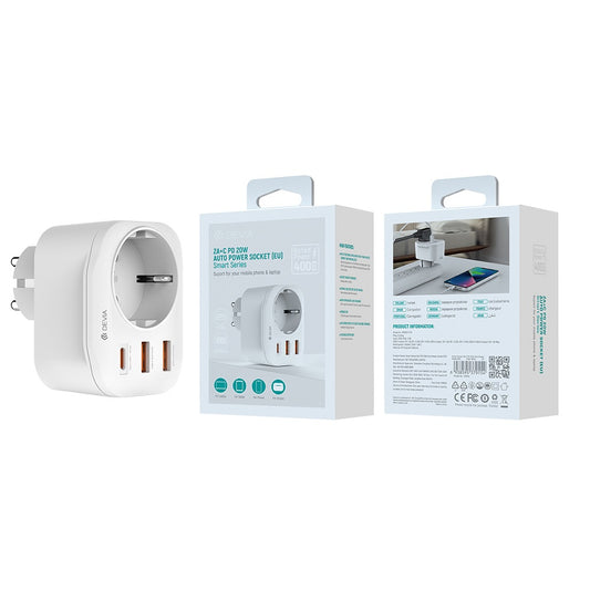 DEVIA WW09-F-PD hálózati töltő, 20W, 3A, 2 x USB-A - 1 x USB-C - 1 x Schuko, Fehér