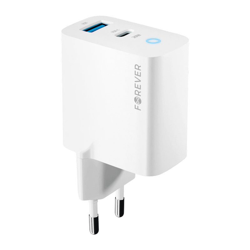 Forever hálózati töltő TC-06-20-20AC, 20W, 3A, 1 x USB-A - 1 x USB-C, Fehér