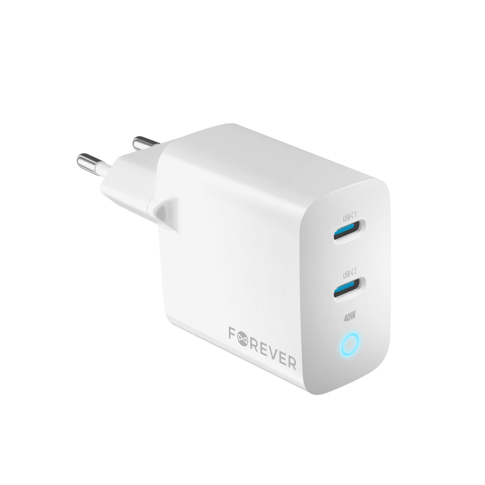 Forever hálózati töltő TC-06-40CC, 40W, 3A, 2 x USB-C, Fehér