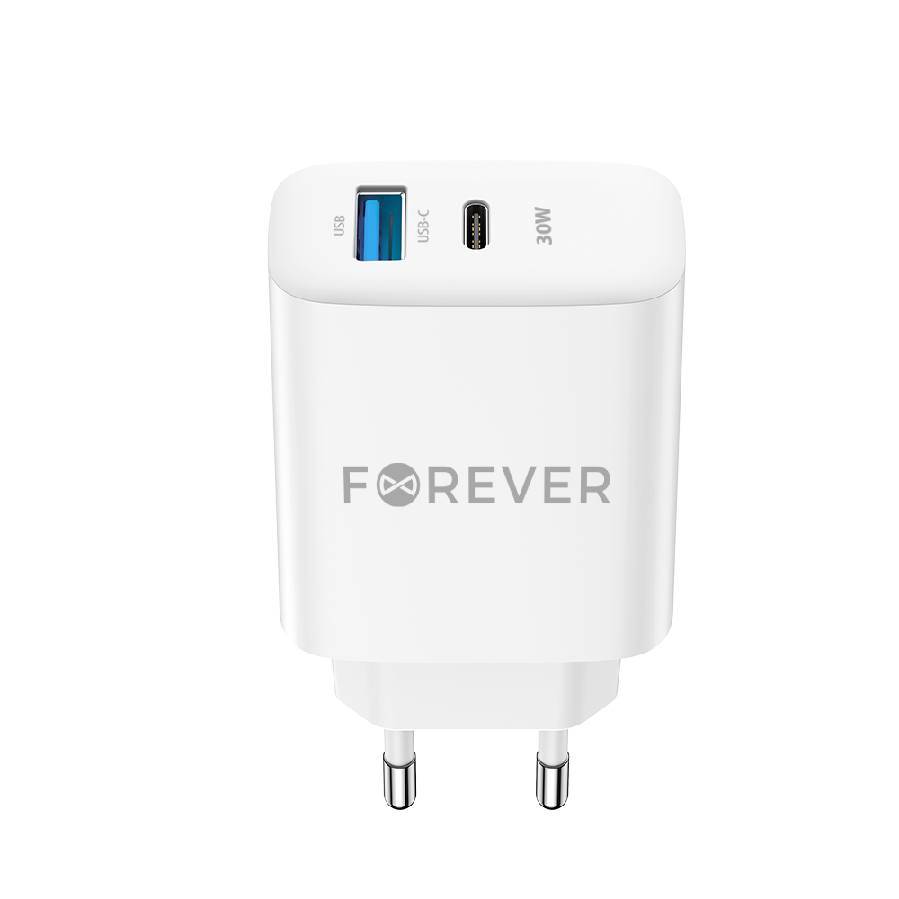 Forever hálózati töltő TC-07-30AC, 30W, 3A, 1 x USB-A - 1 x USB-C, fehér