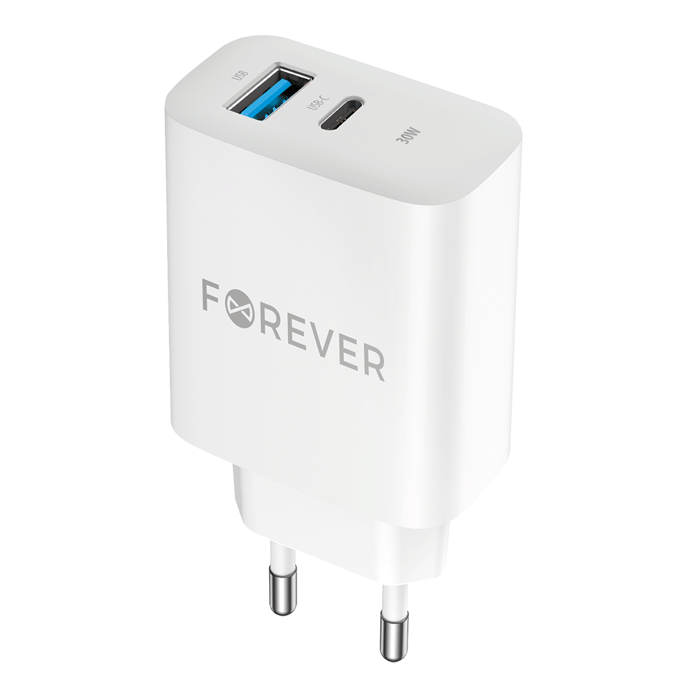 Forever hálózati töltő TC-07-30AC, 30W, 3A, 1 x USB-A - 1 x USB-C, fehér