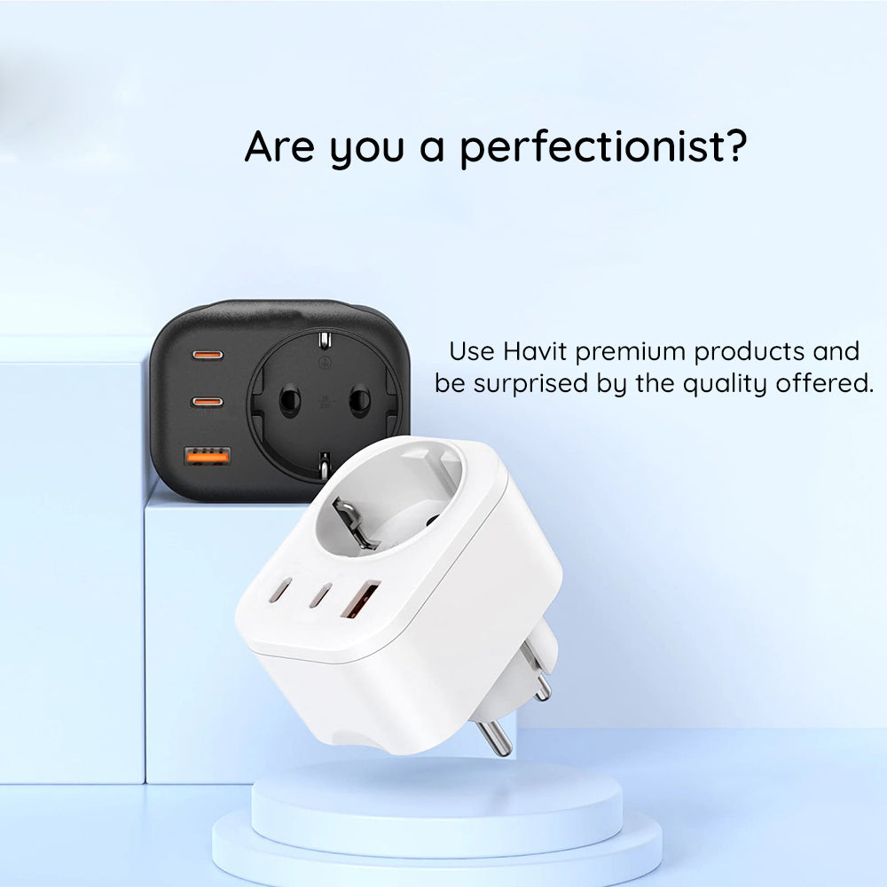 HAVIT UC142 Hálózati töltő, 30W, 3A, 1 x USB-A - 2 x USB-C - 1 x Schuko, Fekete