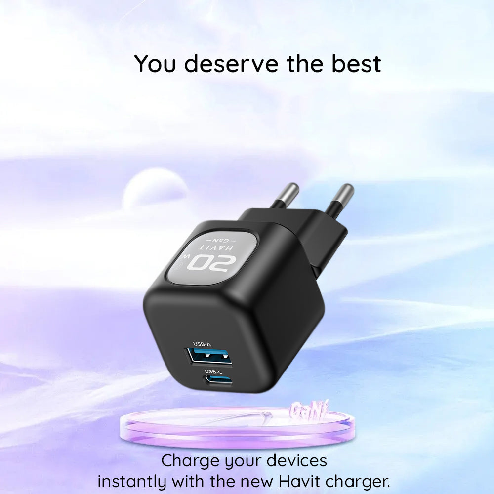 HAVIT UC220 Hálózati töltő, 20W, 3A, 1 x USB-A - 1 x USB-C, Fekete-Szürke
