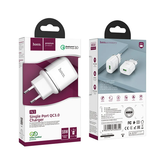 HOCO N3 hálózati töltő, 18W, 3A, 1 x USB-A, Fehér