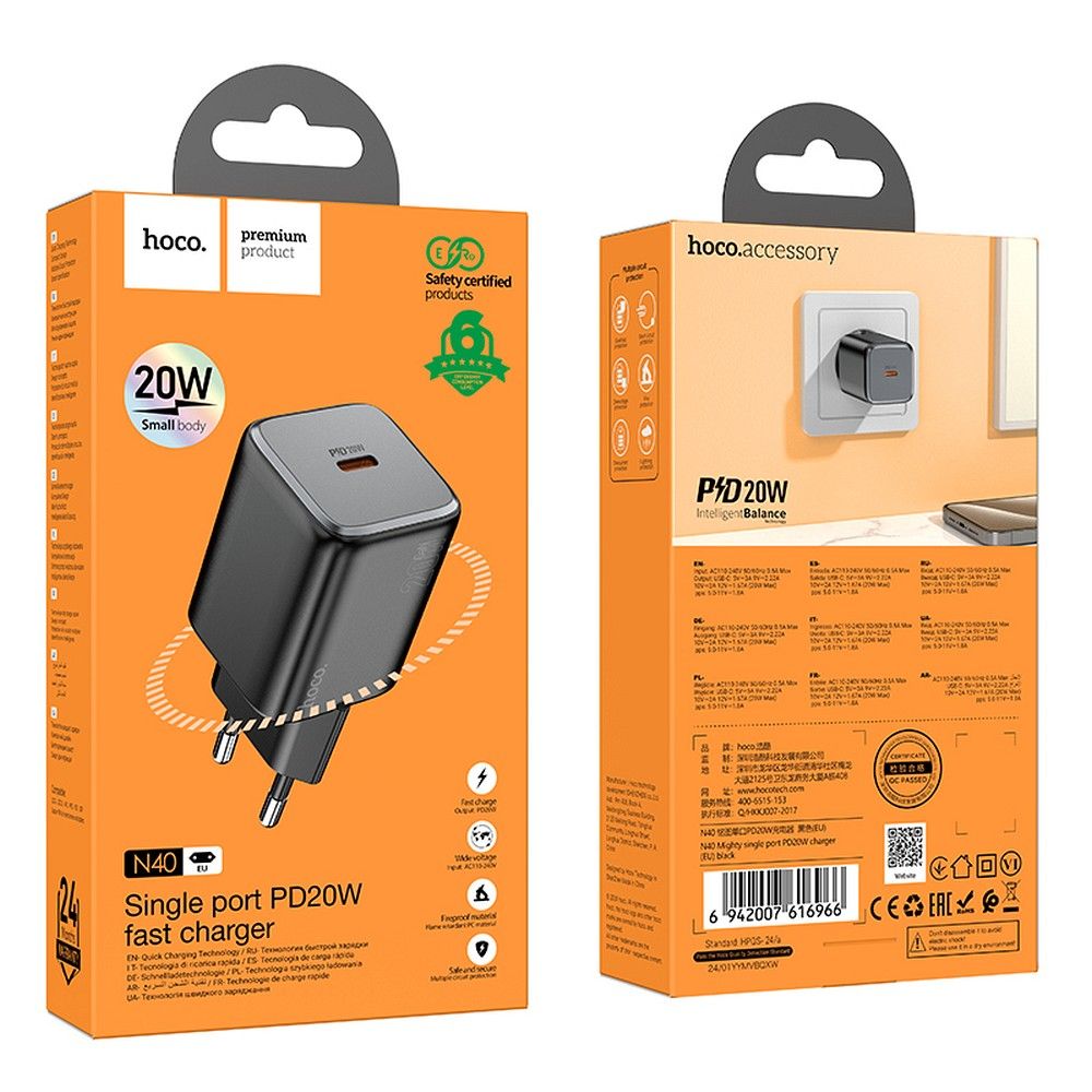 HOCO N40 Hálózati Töltő, 20W, 3A, 1 x USB-C, Fekete