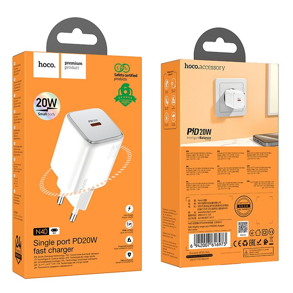 HOCO N40 hálózati töltő, 20W, 3A, 1 x USB-C, Fehér