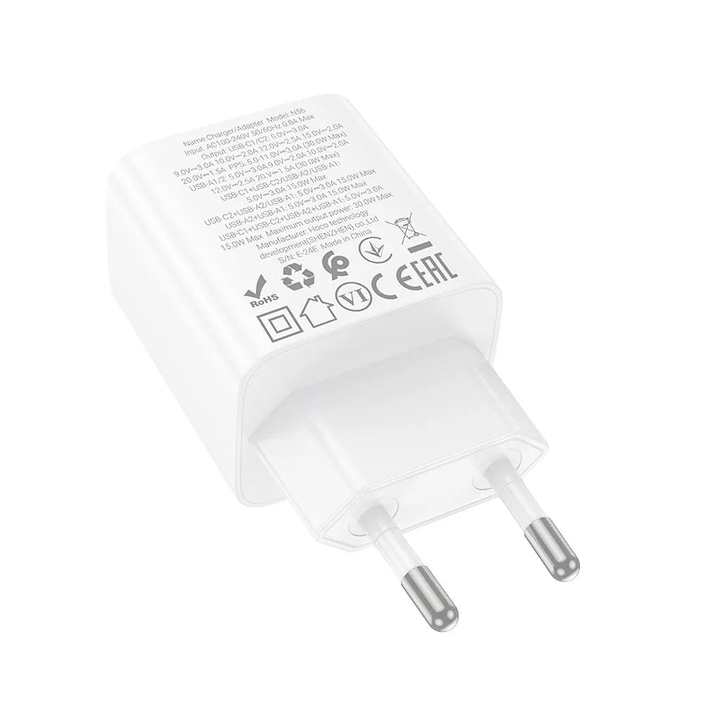 HOCO N56 hálózati töltő, 30W, 3A, 2 x USB-A - 2 x USB-C, Fehér