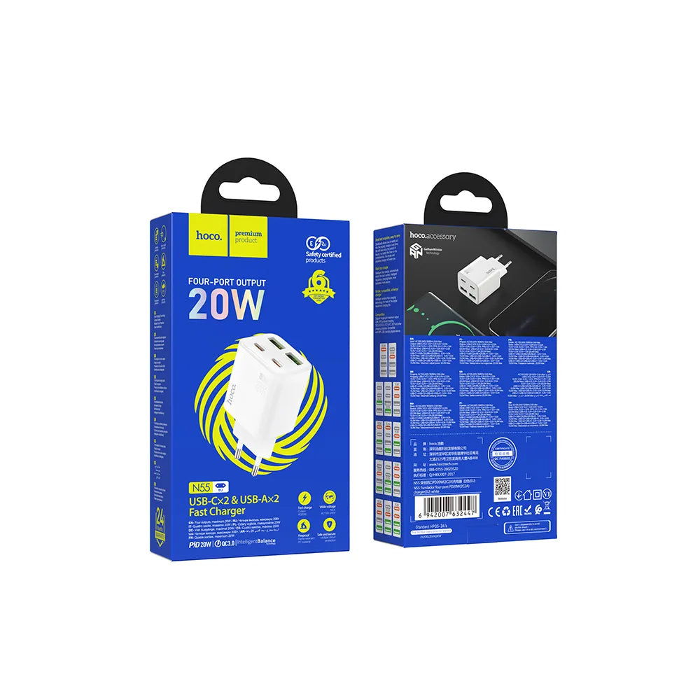 HOCO N56 hálózati töltő, 30W, 3A, 2 x USB-A - 2 x USB-C, Fehér