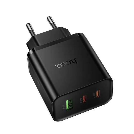 HOCO N75 hálózati töltő, 65W, 3A, 1 x USB-A - 2 x USB-C, Fekete