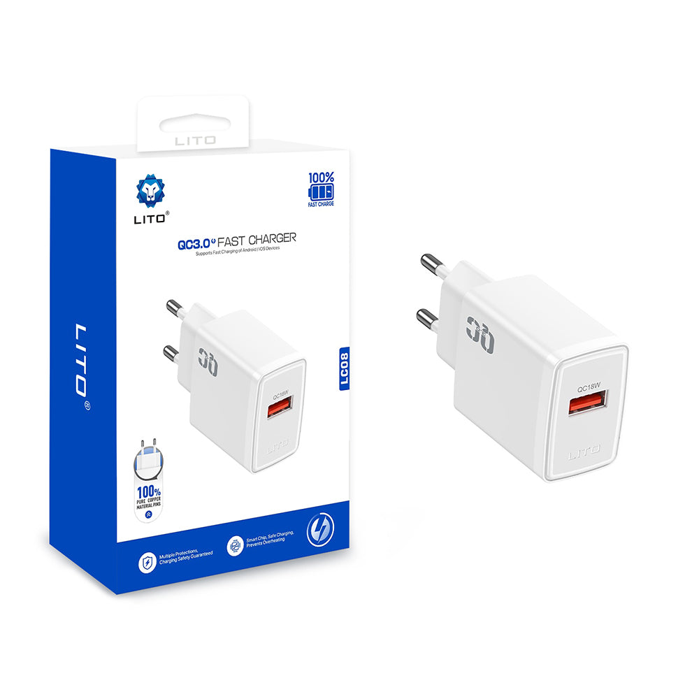 Lito LC08 hálózati töltő, 18W, 3A, 1 x USB-A, Fehér