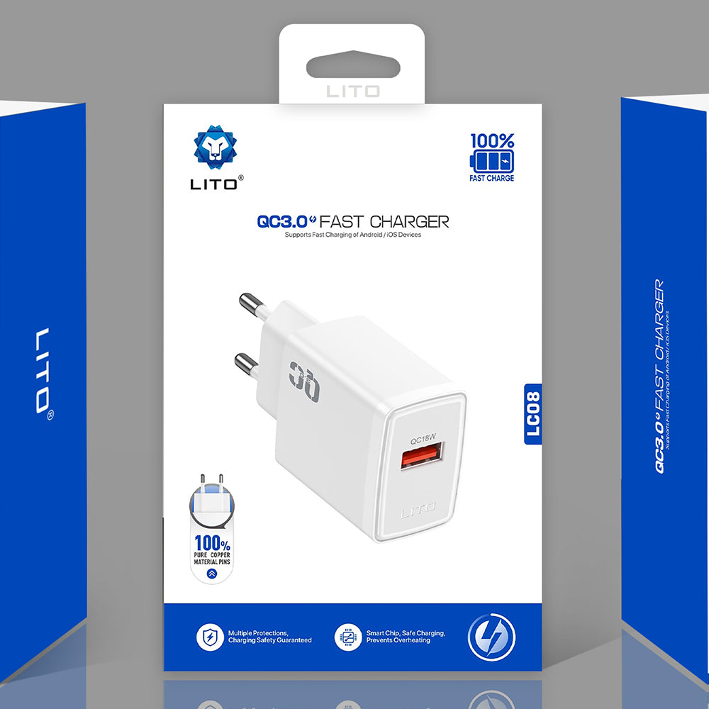 Lito LC08 hálózati töltő, 18W, 3A, 1 x USB-A, Fehér
