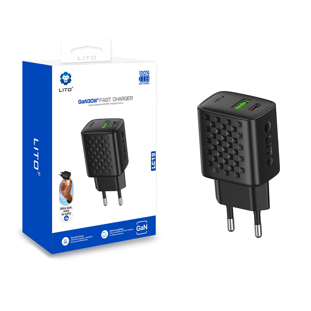 Lito LC19 hálózati töltő, 30W, 3A, 1 x USB-A - 1 x USB-C, fekete