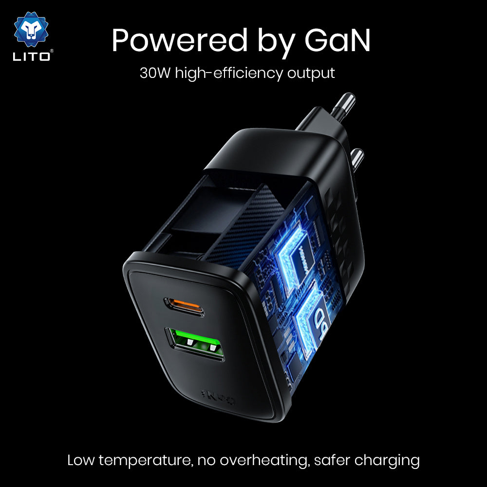 Lito LC19 hálózati töltő, 30W, 3A, 1 x USB-A - 1 x USB-C, fekete