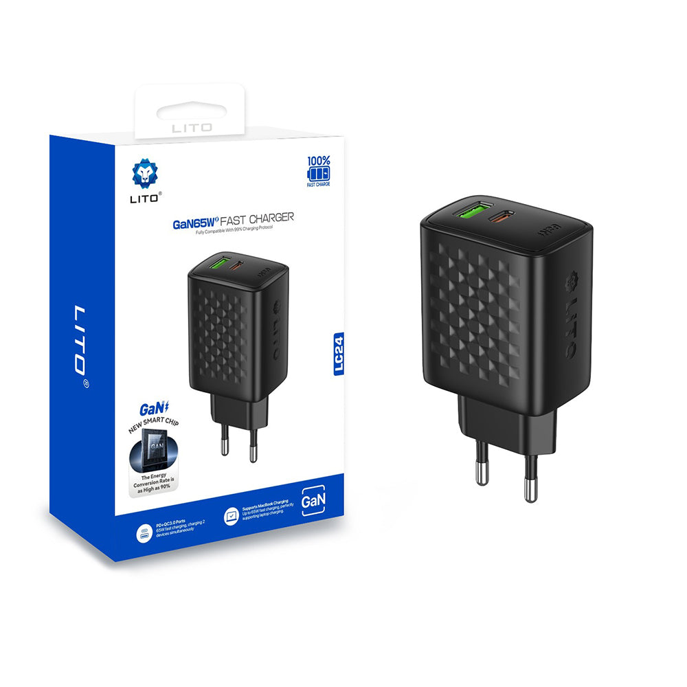Lito LC24 hálózati töltő, 65W, 3.25A, 1 x USB-A - 1 x USB-C, fekete