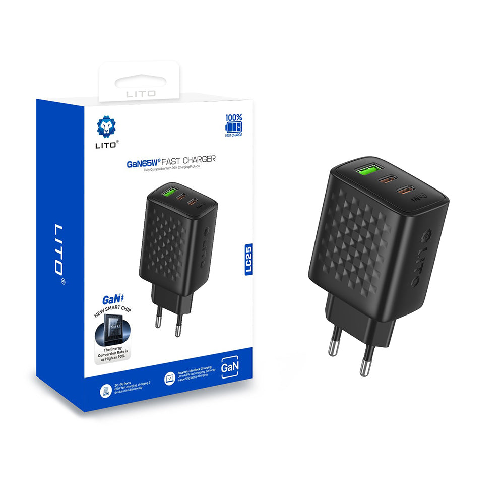 Lito LC25 hálózati töltő, 65W, 3.25A, 1 x USB-A - 2 x USB-C, Fekete