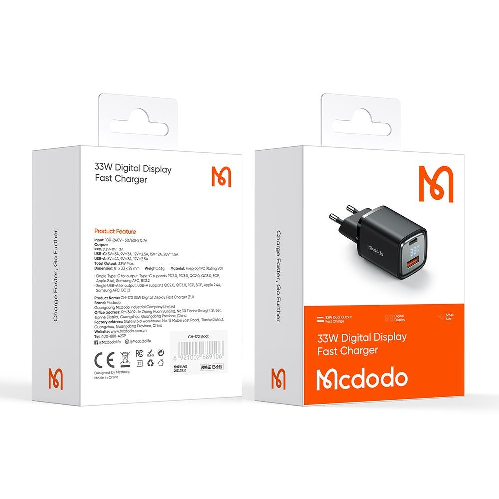McDodo CH-1701 Graphite Display hálózati töltő, 33W, 3A, 1 x USB-A - 1 x USB-C, Fekete