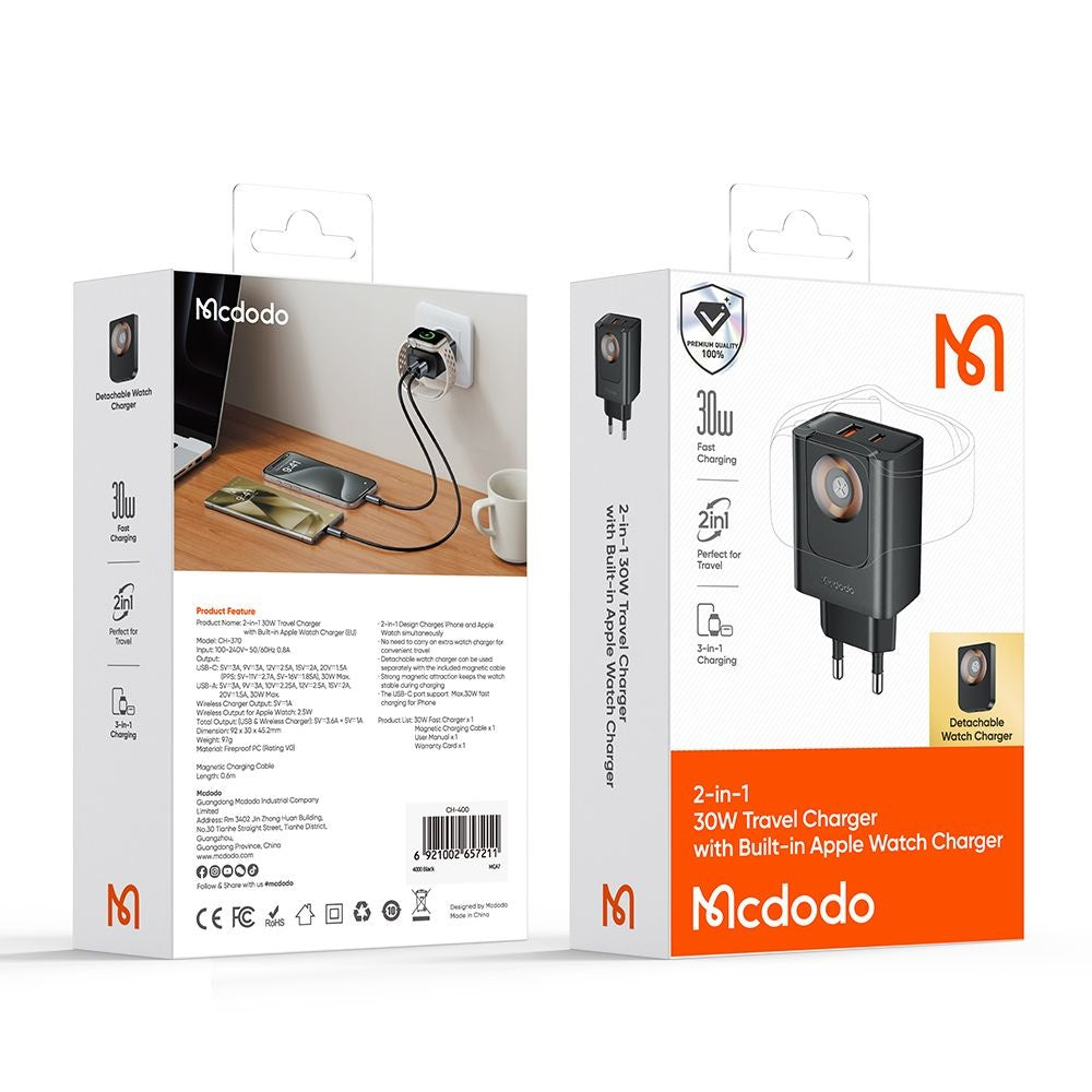 McDodo CH-3700 Companion hálózati töltő, 30W, 3A, 1 x USB-A - 1 x USB-C, fekete