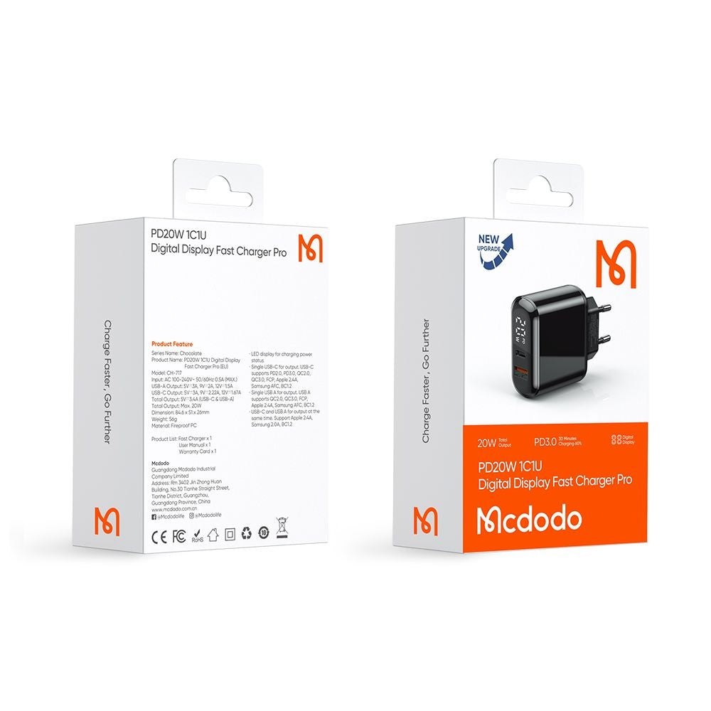 McDodo CH-7170 Chocolate Display hálózati töltő, 20W, 3A, 1 x USB-A - 1 x USB-C, fekete